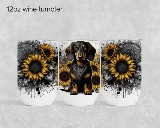 12oz wine tumbler sublimation transfer - Yellow sunflower dachshund