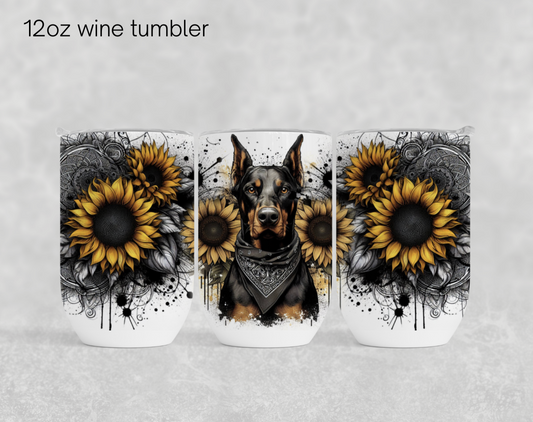 12oz wine tumbler sublimation transfer - Yellow sunflower Dobermann