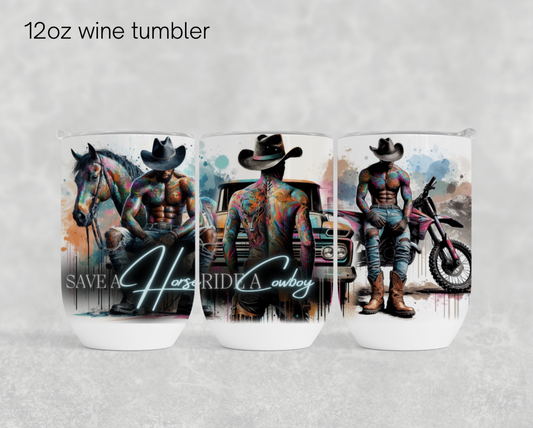 12oz wine tumbler sublimation transfer - Save a horse ride a cowboy BLUE