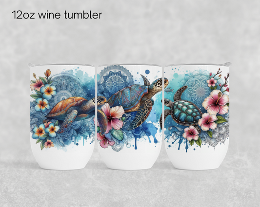 12oz wine tumbler sublimation transfer - Ocean blue turtles