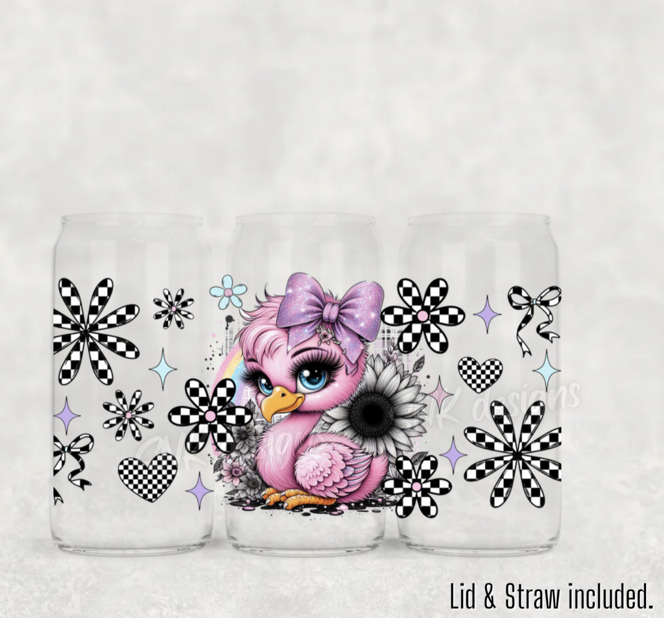 16oz  Uv DTF- Checkered print Flamingo