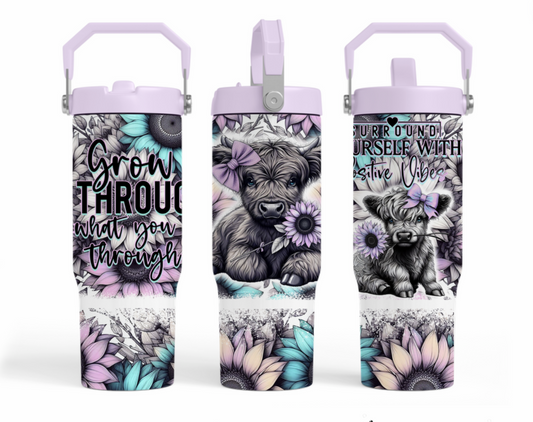 30oz sublimation transfer -Lilac postive vibes highland cow