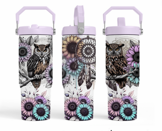 30oz sublimation transfer - Lilac and aqua florals with owl