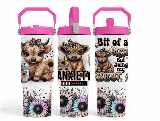 30oz sublimation transfer- PINK Anxiety cow with cheetah print bow