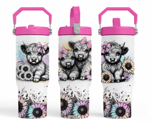 30oz sublimation transfer - Cute baby cows with coloured sunflowers