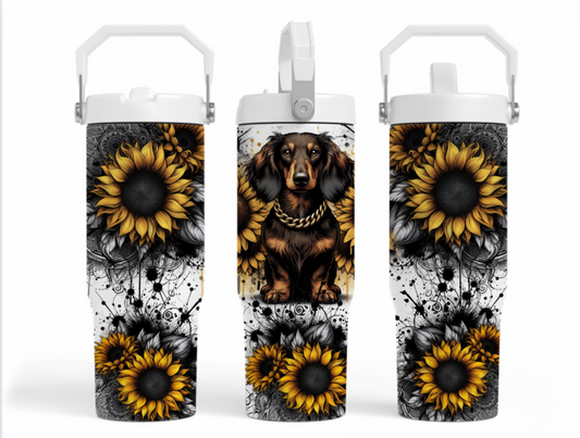 30oz sublimation transfer - Yellow sunflowers-long haired haired dachshund