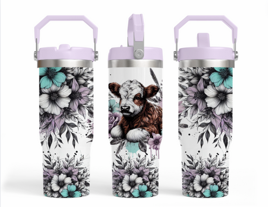 30oz sublimation transfer- Lilac & aqua florals with a brown & white potty calf