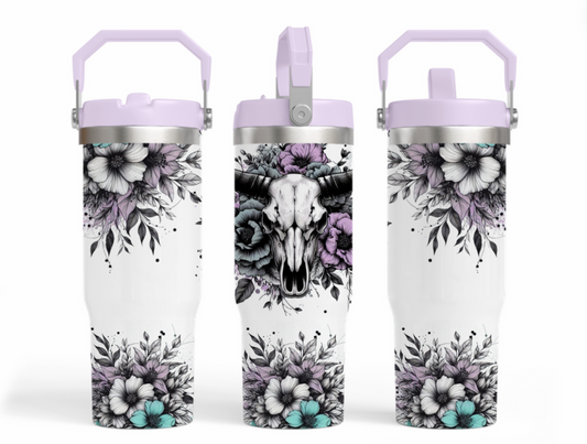 30oz sublimation transfer- Lilac & aqua florals with a bull skull