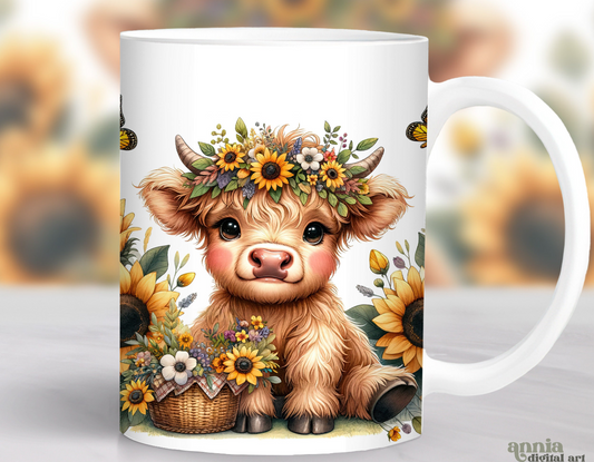 15oz mug - Cute cow yellow sunflowers