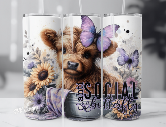 Sublimation transfer- Purple butterfly highland cow anti social 2